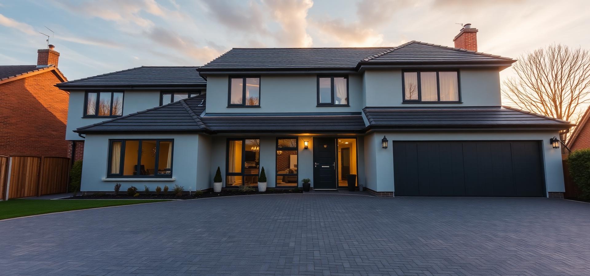 Modern home fitted with new windows and doors at dusk