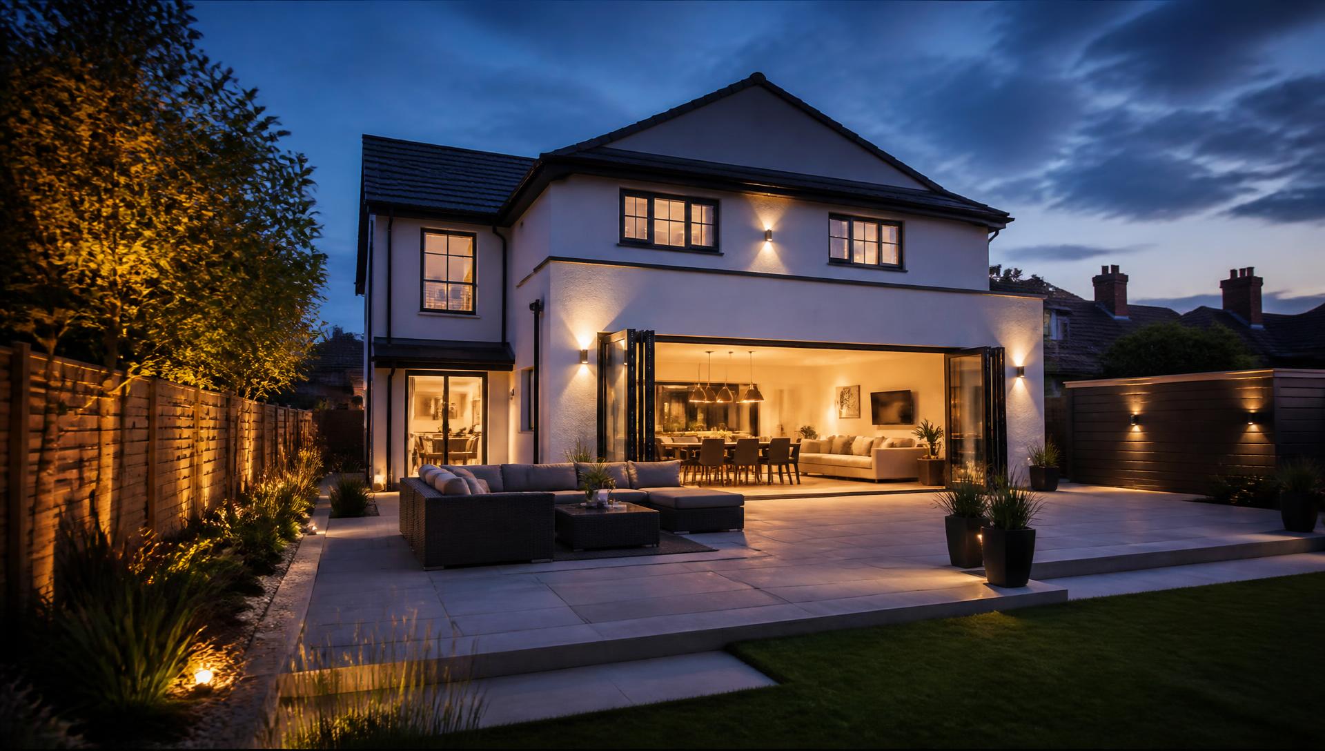 Modern North West home with illuminated aluminium bi-fold doors at dusk