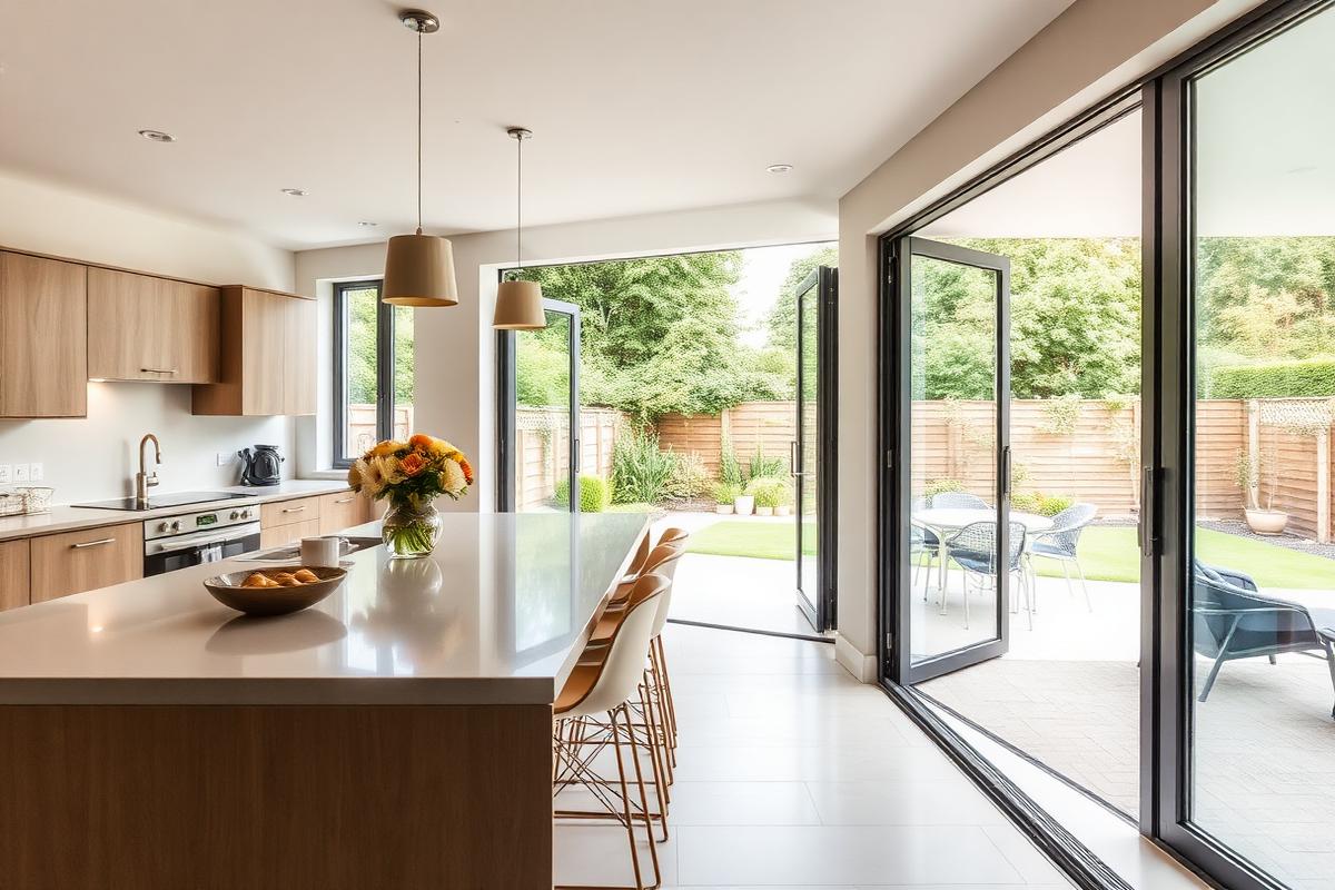 Aluminium bi-fold doors opening from a kitchen to a patio
