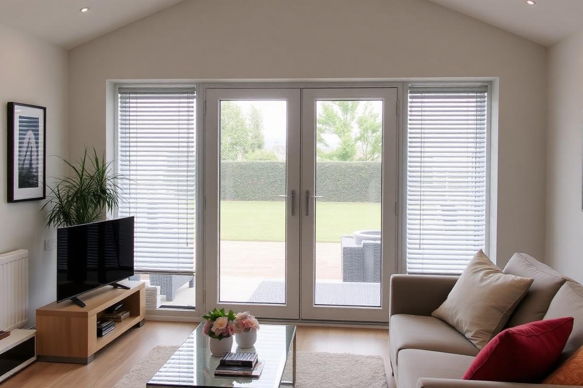 Integral blinds sealed inside glazed doors in a living room