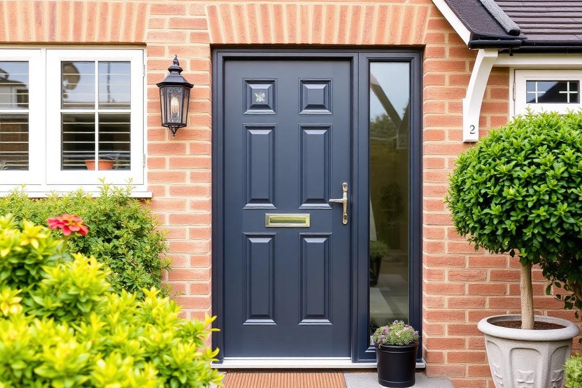 Grey composite front door installation on a brick home