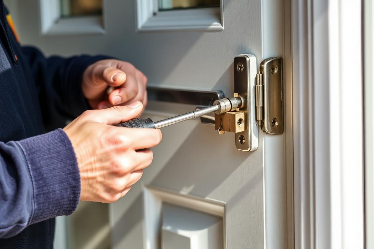 Engineer repairing a uPVC door lock mechanism